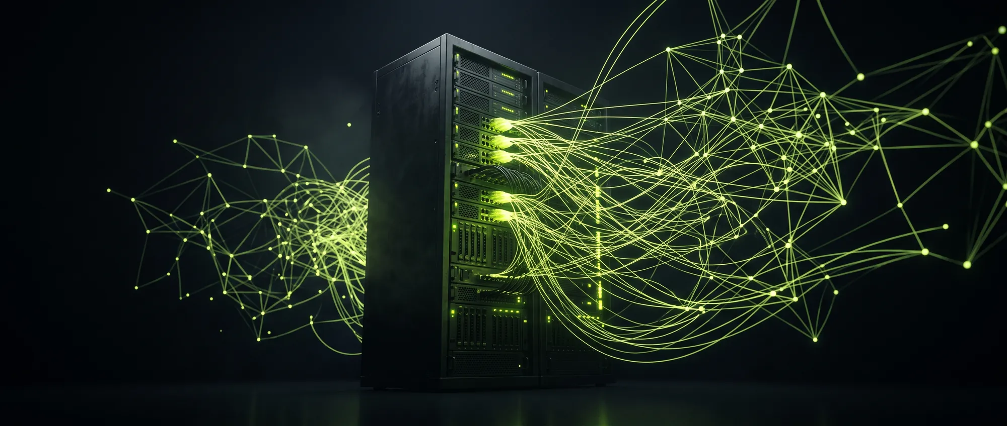 Server rack with fibre-optic light trails forming a network graph