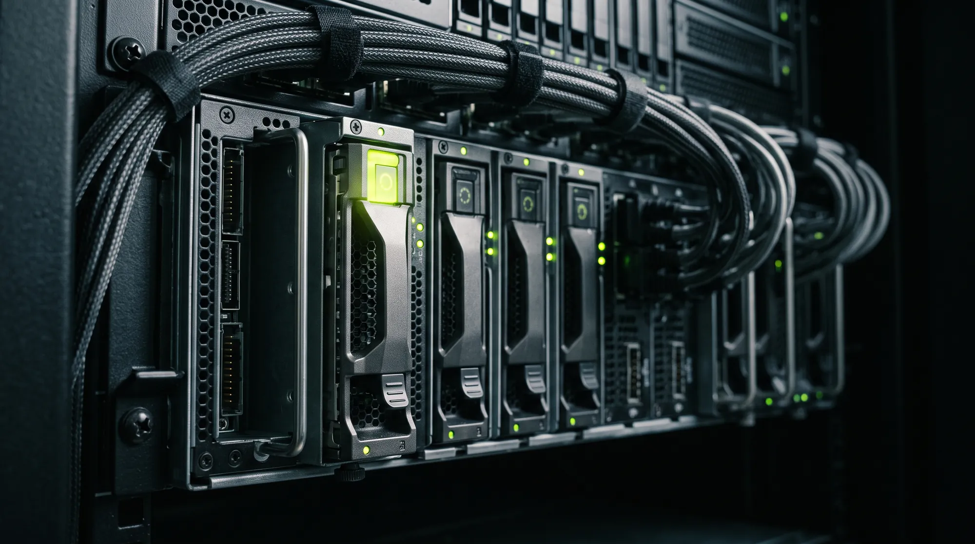 Enterprise blade servers with glowing status LEDs