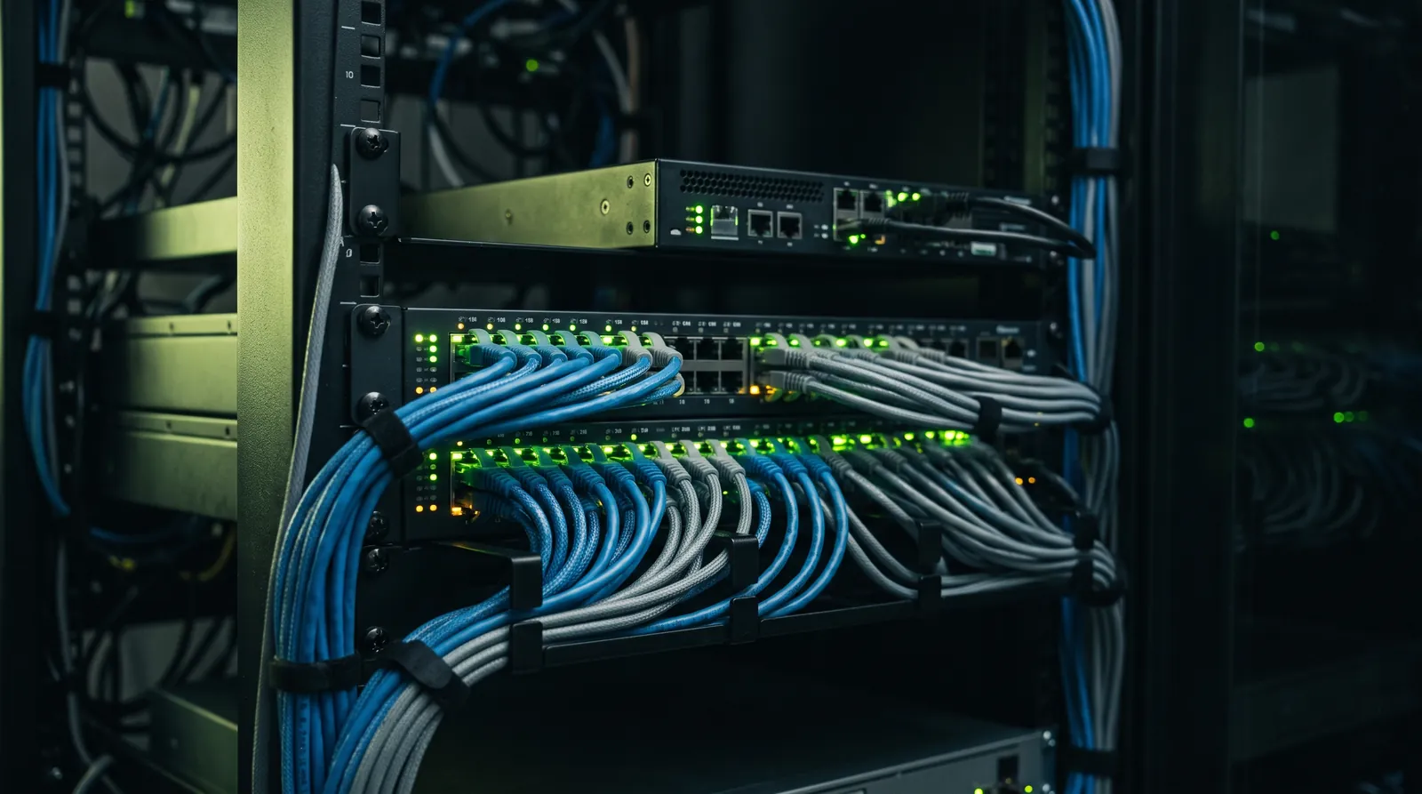 Firewall and core switches in the Diskominfo Trenggalek server rack, August 2026