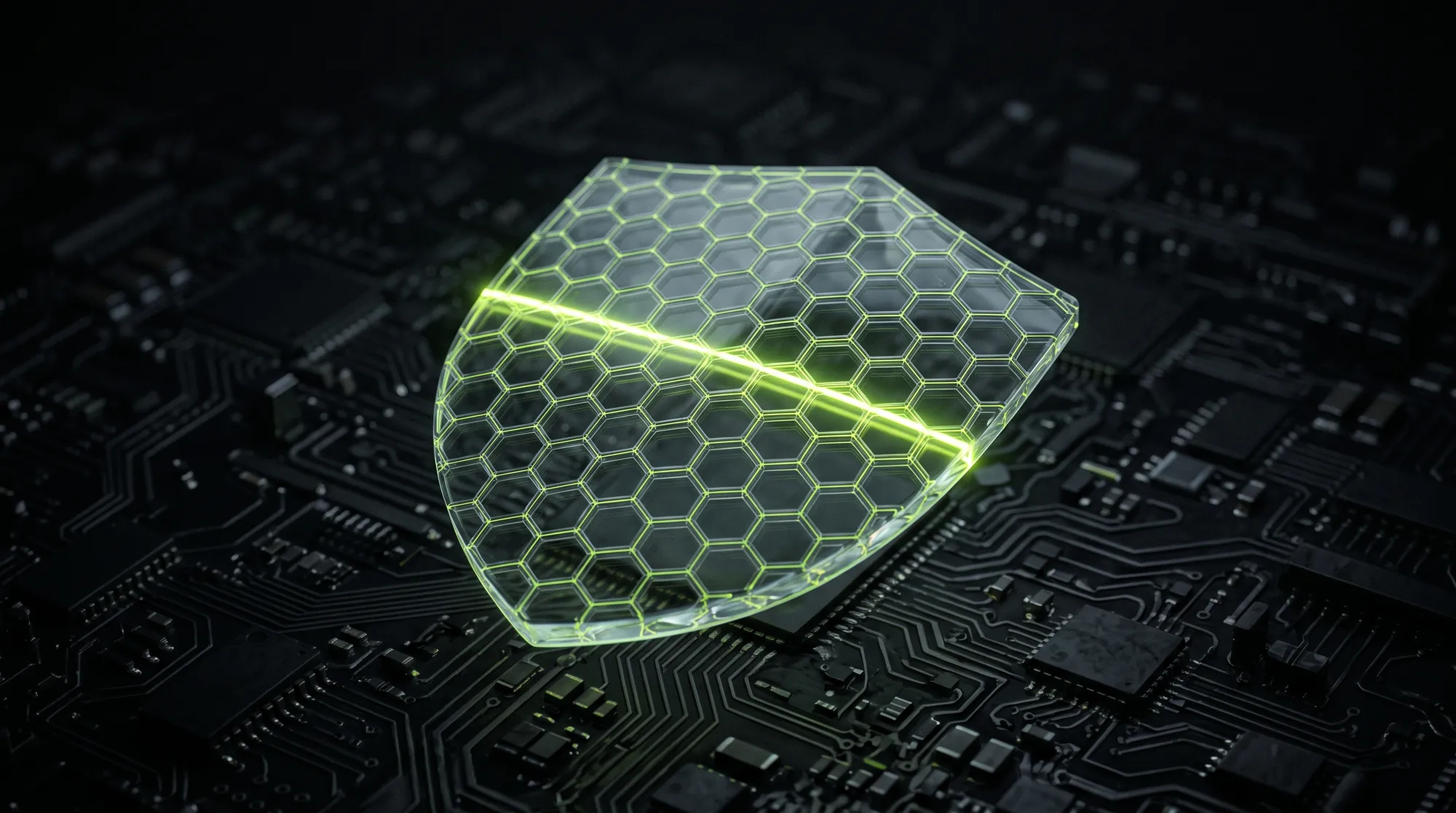Glass hexagonal shield above a circuit landscape