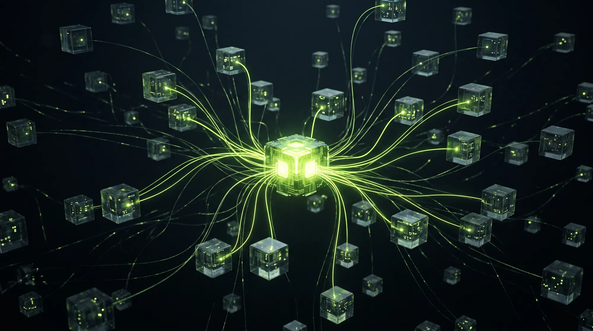 Abstract AI orchestrator routing light to many nodes